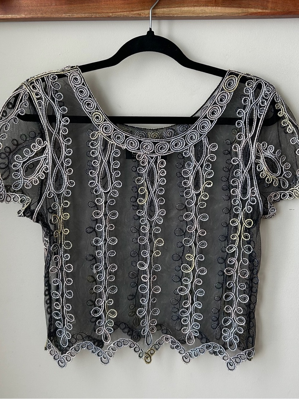 Black Sheer Embroidered Short Sleeve Top in Brand New condition
